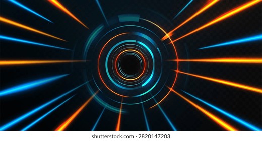 Futuristic neon tunnel with blue and orange light rays. Abstract high speed warp effect vector background.