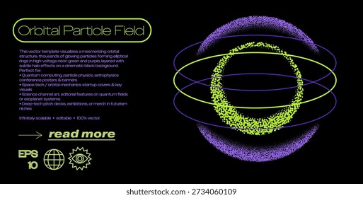 Futuristic neon vector graphic on black background with thousands of glowing lime-green and purple particles forming elliptical orbital rings, layered halo-voltage effects, and cinematic particle field orbits. Conceptual vector illustration for orbital particle field, quantum physics, particle physics, astrophysics, orbital mechanics, and space technology themes.