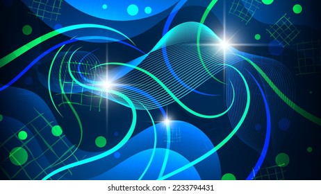 Futuristic neon wallpaper. Flashes of light, intertwining wavy lines, overlapping circles, flowing shapes and stripes against a background of mixing colors. Expressionist art. Author's work. Vector.