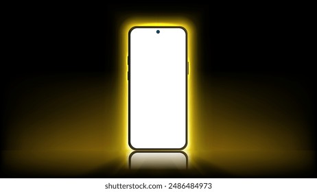 Futuristische neongelbe und goldene Licht Smartphone Mockup Vektorillustration. Glühender mobiler Bildschirm mit Schatten.