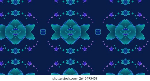 Futuristic neon-blue and violet floral pattern on deep navy background, glowing with symmetry and abstract floral energy. Neon, blue, futuristic, glowing, pattern.