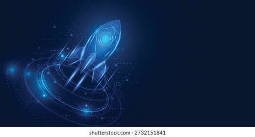 Lanzamiento futurista de cohete de estructura metálica azul neón con interfaz digital sobre fondo oscuro. Simboliza la innovación, el crecimiento de las startups y la tecnología espacial.