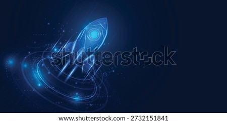 Futuristic neon-blue wireframe rocket launch with digital interface on dark background. Symbolizes innovation, startup growth, and space technology.