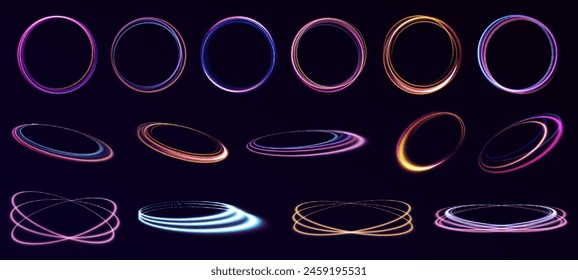 Futuristic neon-colored retro-style glowing circles motion graphic. Set of neon glowing circles. Glowing rings on dark background. Vector illustration. Neon circle frame on blue background.	
