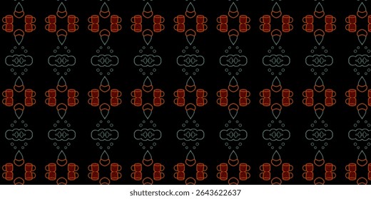 Futuristic neon-style seamless pattern on a black background featuring glowing orange and cyan shapes. Ideal for tech, nightlife, or sci-fi inspired designs.