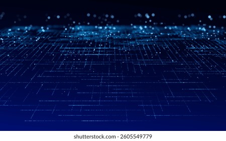 Futuristic network design featuring dotted grid patterns. Wide-angle blue perspective landscape with interconnected points. Dynamic 3D layout showcasing big data and advanced digital concepts.