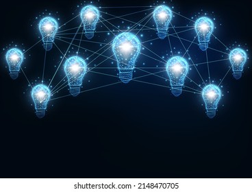 Futuristic network, idea, light bulb connection concept banner with glowing connected lightbulbs