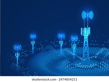 Futuristic network tower vector illustration in vivid blue, depicting multiple communication towers emitting signals over a digital landscape