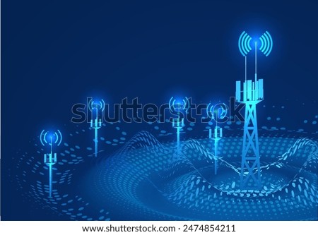 Futuristic network tower vector illustration in vivid blue, depicting multiple communication towers emitting signals over a digital landscape