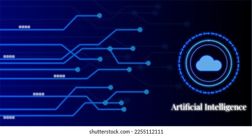 ฺBlue futuristic networking technology with ai cloud technology. Artificial Intelligence on deep blue background. Background with hitech digital data.
