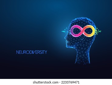 Concepto de neurodiversidad futurista con la cabeza humana y el símbolo de infinito color arcoiris aislado en un fondo azul oscuro. Ilustración vectorial de diseño de conexión abstracta moderna 