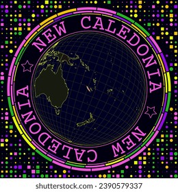 Futuristic New Caledonia on globe. Bright neon satellite view of the world centered on New Caledonia. Geographical illustration with shape of country and geometric background.