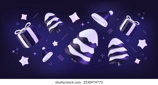 Futuristic New Year banner with 3d elements. Cyber Christmas greeting vector illustration with graphic confetti. Gift box, snowy trees, Santa's hat and white stars floating on gradient background.