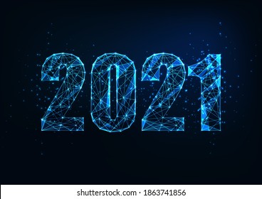 Futuristic New Year digital web banner template with glowing low polygonal 2021 number on dark blue background. Modern wire frame mesh design vector illustration.