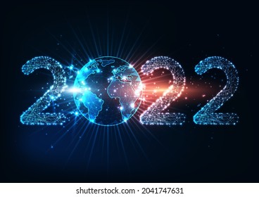 Futuristic New Year digital web banner template with glowing low polygonal 2022 number and planet earth globe