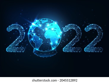 Futuristic New Year digital web banner template with glowing low polygonal 2022 number and planet earth snow globe