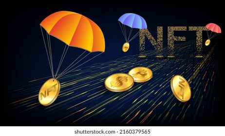 Futuristic NFT non fungible token airdrop concept with receding perspective on the digital road and golden coins of Bitcoin, NFT and Dollars with parachutes. Vector illustration.