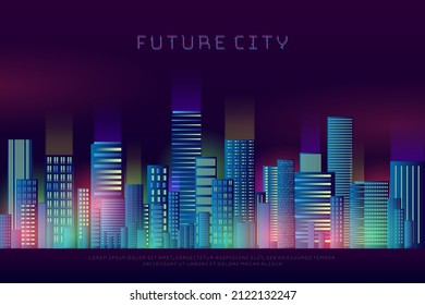 Futuristic night city with bright and glowing neon lights. Cyberpunk style