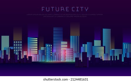 Futuristic night city with bright and glowing neon lights illuminated. Cyberpunk style cityscape illustration.