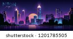Futuristic night city. Cityscape on a dark background with bright and glowing neon purple and blue lights. Cyberpunk and retro wave style illustration.