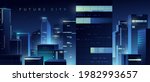 Futuristic night city. Cityscape on a colorful background with bright and glowing neon lights. Wide city front perspective view. Cyberpunk and retro wave style illustration.