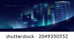 Futuristic night city. Cityscape on a colorful background with bright and glowing neon lights. Wide city front perspective view. Cyberpunk and retro wave style illustration.