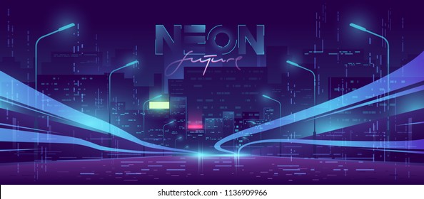 Futuristic night city. Cityscape on a dark background with bright and glowing neon purple and blue lights. Wide highway front view. Cyberpunk and retro wave style illustration.