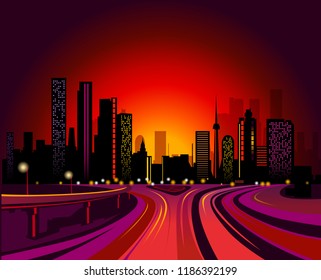 Futuristic night city. Cityscape on a dark background. Wide highway front view. Cyberpunk and retro wave style illustration. Sunset, sundown, dusk, dawn.