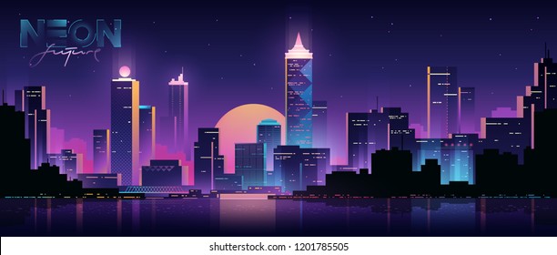 Futuristic night city. Cityscape on a dark background with bright and glowing neon purple and blue lights. Cyberpunk and retro wave style illustration.