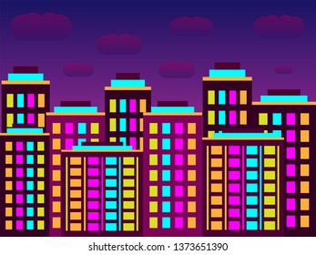 Futuristic night city. Cityscape on a dark background with bright and glowing neon purple and blue lights. Wide highway front view. Cyberpunk and retro wave style illustration.