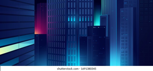 Futuristic night city. Cityscape on a dark background with bright and glowing neon lights. Cyberpunk and retro wave style illustration.