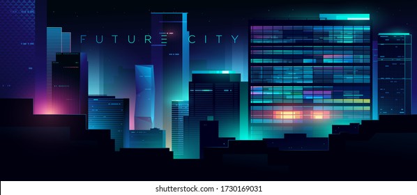 Futuristic Night City. Cityscape On A Dark Background With Bright And Glowing Neon Lights. Office Buildings. Cyberpunk And Retro Wave Style Illustration.