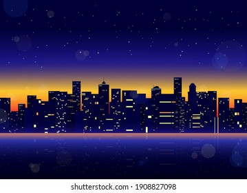 Futuristic night city. Cityscape on a dark background. Futuristic cityscape with glowing neon purple and blue lights. City skyline.