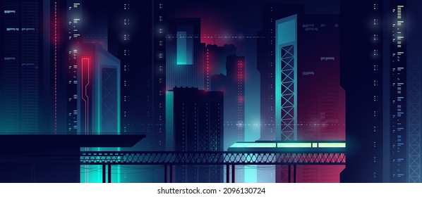 Futuristic Night City. Cityscape On A Colorful Background With Bright And Glowing Neon Lights. Wide City Front Perspective View. Cyberpunk And Retro Wave Style Illustration.