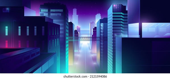 Futuristic night city. Cityscape on a colorful background with bright and glowing neon lights. Wide city front perspective view. Cyberpunk and retro wave style illustration.