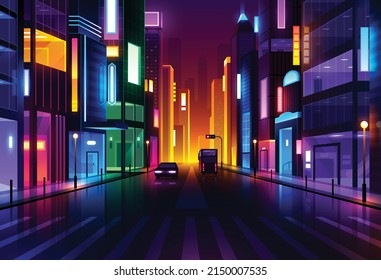 Futuristic night city. Cityscape on a dark background with bright and glowing neon lights. panorama with modern buildings and skyscrapers. Cyberpunk and retro wave style
