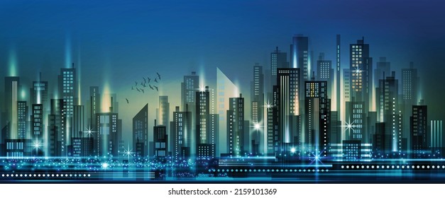 Futuristic night city. Cityscape on a dark background with bright and glowing neon lights. Wide highway front view. 