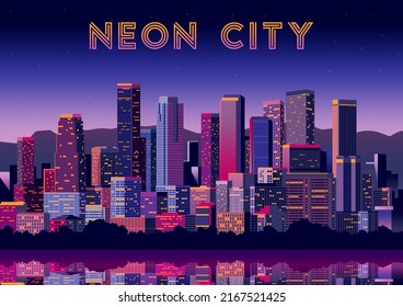 Futuristic night city. Cityscape on a dark background with bright and glowing neon lights. Cyberpunk handmade drawing vector illustration.