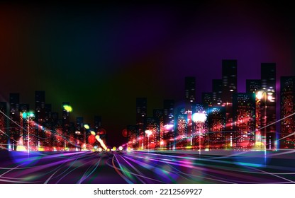 Futuristic night city. Cityscape on a dark background with bright and glowing neon purple and blue lights. Wide highway front view.