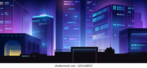 Futuristic night city. Cityscape on a colorful background with bright and glowing neon lights. Wide city front perspective view. Cyberpunk and retro wave style illustration.