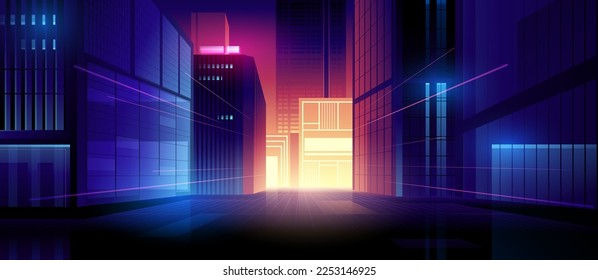 Futuristic night city. Cityscape on a colorful background with bright and glowing neon lights. Wide city front perspective view. Cyberpunk and retro wave style illustration.