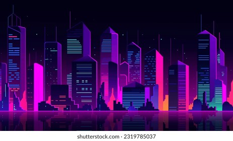 Futuristische Nachtstadt. Stadtlandschaft auf buntem Hintergrund mit hellen und leuchtenden Neonleuchten. Großer Blick auf die Stadtfront. Cyberpunk-Stil-Illustration.