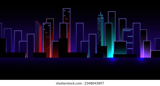 Futuristic night city. Cityscape on a dark background with bright and glowing neon purple and blue lights. Cyberpunk and retro wave style illustration.