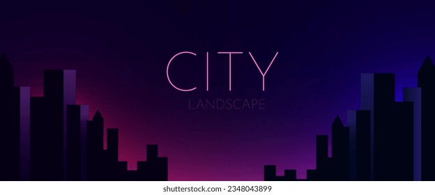 Futuristic night city. Cityscape on a dark background with bright and glowing neon purple and blue lights. Cyberpunk and retro wave style illustration.