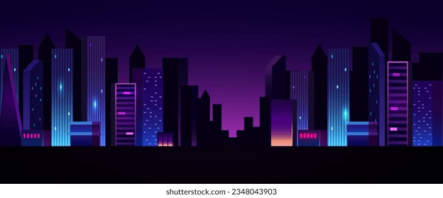 Futuristic night city. Cityscape on a dark background with bright and glowing neon purple and blue lights. Cyberpunk and retro wave style illustration.