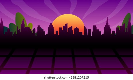 Futuristic night city. Cityscape on a purple background with sunset. Wide city front perspective view. Cyberpunk and retro wave style illustration.
