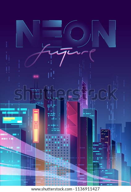 未来的な夜の街 明るく輝くネオンパープルと青のライトを持つ暗い背景に都市の風景 現代の表紙 サイバーパンクとレトロなウェーブスタイルのイラスト のベクター画像素材 ロイヤリティフリー