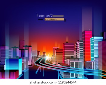 Futuristic night city and digital Cyberpunk and retro clolor style illustration
