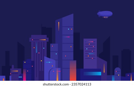 Futuristic night city, ide city front perspective view. Cyberpunk and retro wave style illustration, Vector night city illustration with neon lights and vivid colors