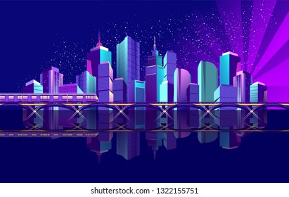 The futuristic night city is illuminated by neon lights and luminous rays, on the coast of the gulf there is a railway bridge and train. Vector illustration